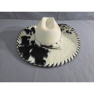 Atwood Cowboy Hat Adult 6 3/4 White Black Cowhide Brim Leather Stitch Hereford